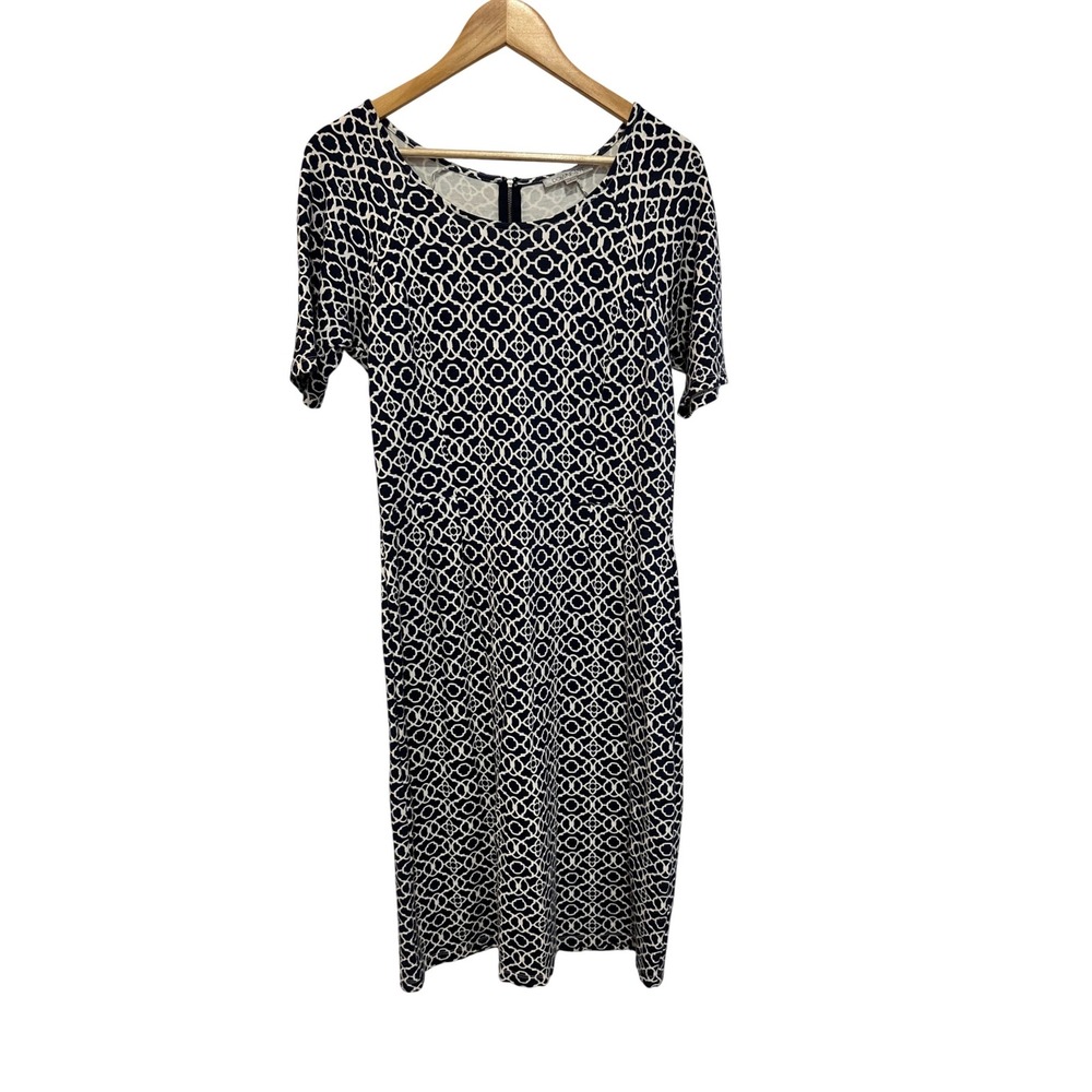 Downeast Navy Blue White Geometric Sheath Dress Short Sleeve Large Fall Office